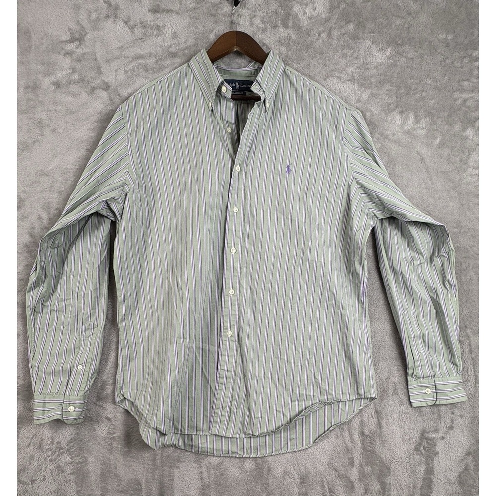 Ralph Lauren Shirt Mens XL Classic Fit Button Down Green Striped Long Sleeve‎